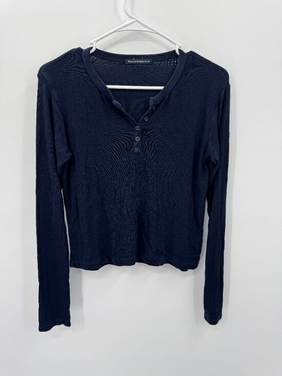 Brandy Melville Tops - Brandy Melville Navy Blue Ribbed Henley Top One Size Long Sleeve Italy